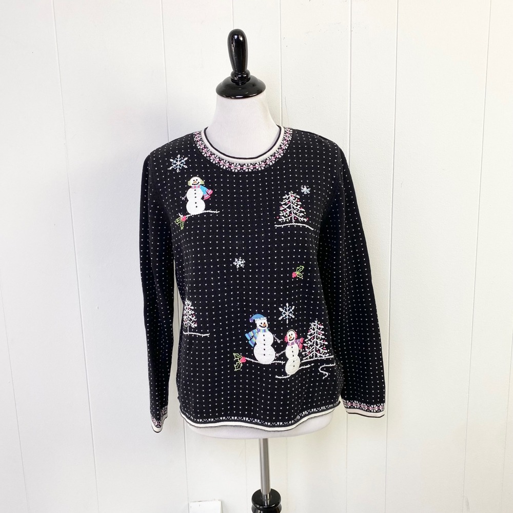 Alfred Dunner Black Snowman Embroidered Winter Knit Sweater Medium